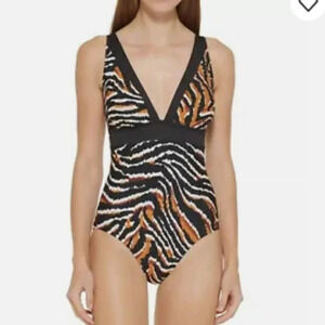 DKNY TIGER BLACK MULTI Plunging Animal-Print One-Piece Swimsuit, Size 12